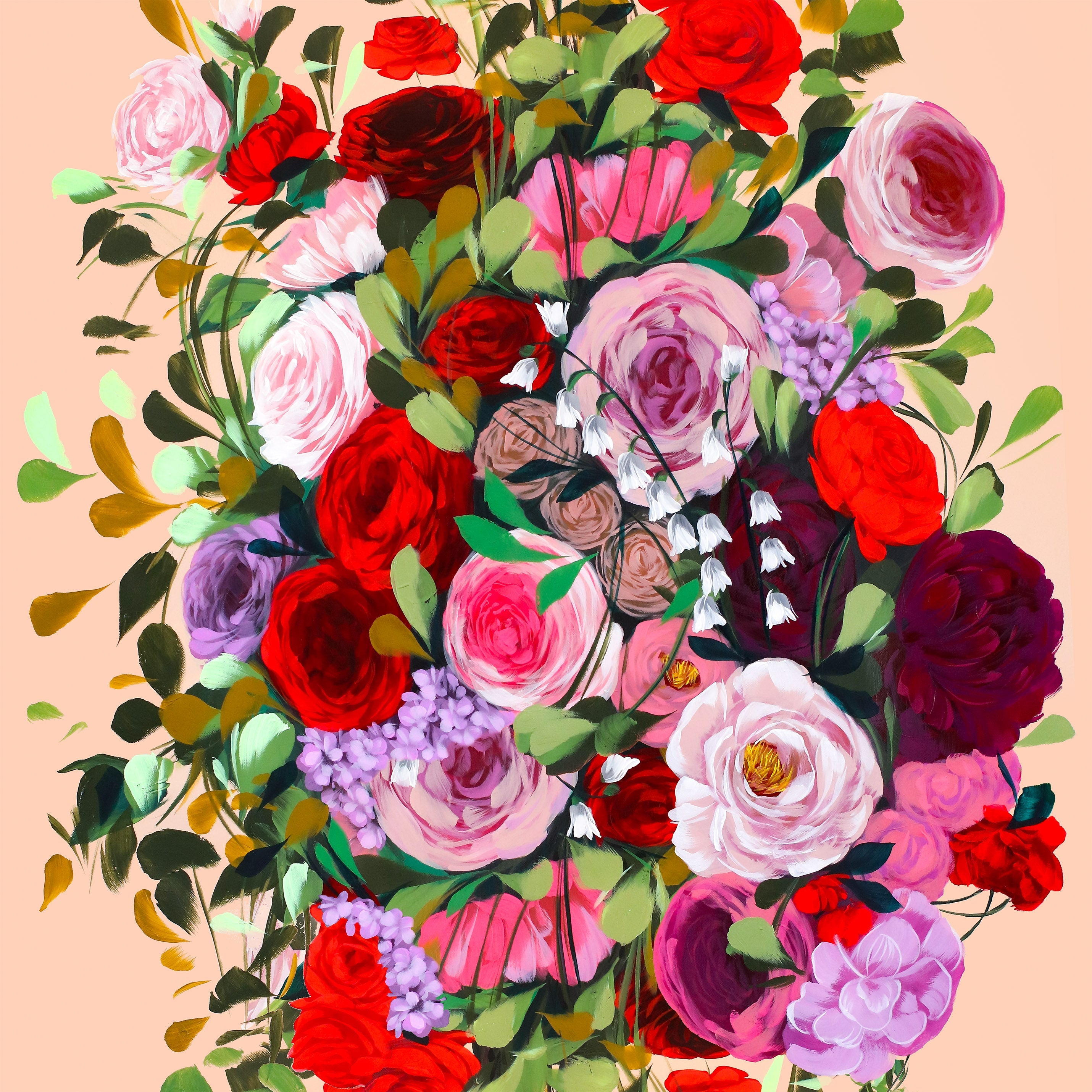 Vibrant floral artwork featuring layered red, pink, and blush roses with green foliage on a soft peach background.